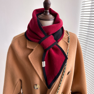 针织毛线交叉小围巾女春秋冬季 初秋红色丝巾配大衣护颈椎短围脖子