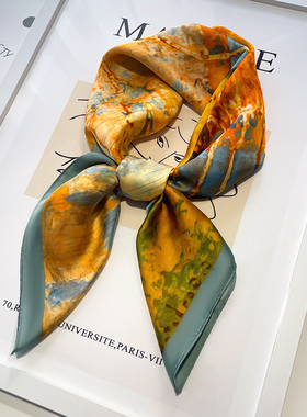 油画小方巾丝巾女春秋夏季妈妈搭配衬衫护颈围脖子围巾纱巾70x70