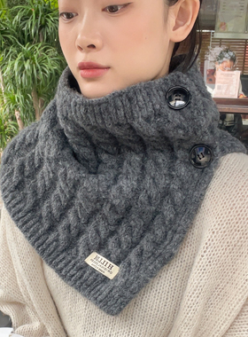 围脖套头小围巾女秋冬季灰色高领护颈外搭针织毛线披肩纽扣假领子