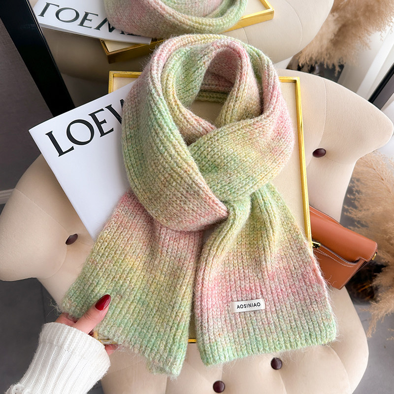 彩虹糖果渐变色针织毛线厚围巾可爱甜美少女生秋冬季短小围脖礼物