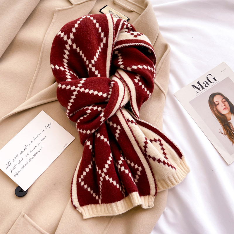 针织毛线围巾女生冬季红色菱格子短小围脖护颈保暖可爱少女ins潮