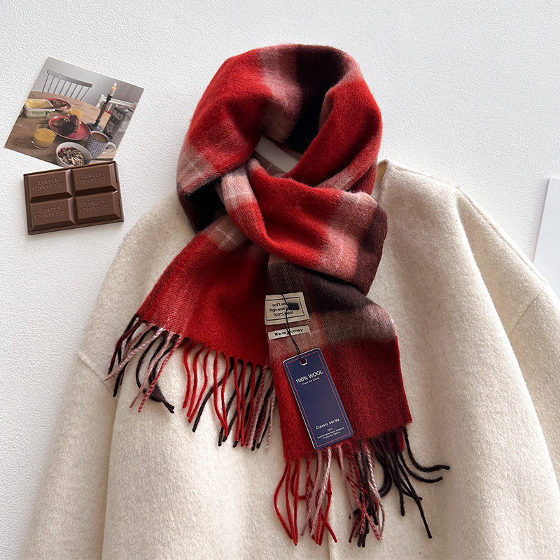 英伦格子纯羊毛圣诞节红色围巾女生秋冬季羊围脖送女友生日礼物