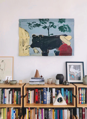 若奈 手绘中古艺术画cows 法国牧童淡雅遮电表箱客厅餐厅装饰画