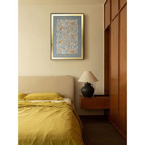 若奈手工挂毯花鸟图金箔框装裱画