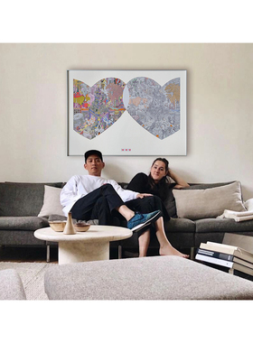 若奈丝巾画手工艺双爱心《真爱之城》色彩黑白客厅潮玩感现代挂画