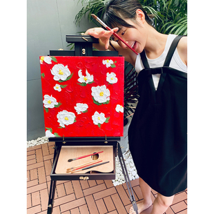 犀牛艺廊洛杉矶展上Coco山茶花厚彩纯手绘油画边柜玄关红色装饰画
