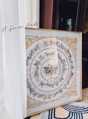 珍贵！Vintage 丝巾画《骑士与公主》水灰色客厅玄关装饰画轻奢