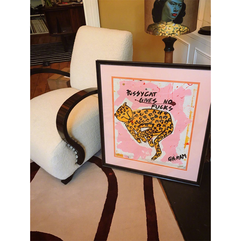 中古手绘油画粉红豹"不必在意别人的看法"玄关书房装饰画圣诞画