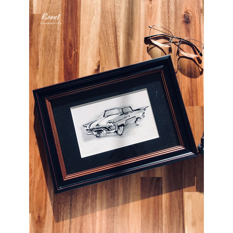 犀牛艺廊美国《vintage》古董车复古书房纯手绘装饰小画黑白油画