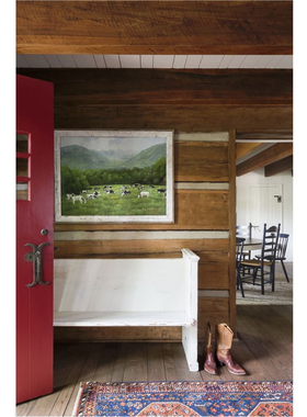 若奈 犀牛艺廊手绘中古油画《瑞士山下》风景绿色草原客厅装饰画