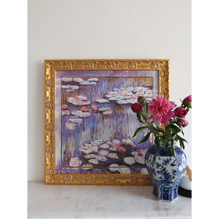 手绘油画古典金客厅卧室挂画 暮色睡莲 犀牛独家 MONET莫奈紫色