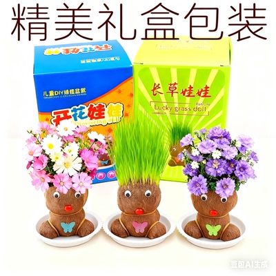 室内种植长草娃娃可爱草头娃娃小盆栽幼儿园手工桌面绿植盆栽摆件