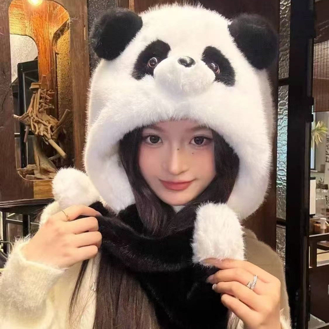 帽子女秋冬季可爱卡通小熊猫护耳帽加厚保暖毛绒套头帽防风雷锋帽