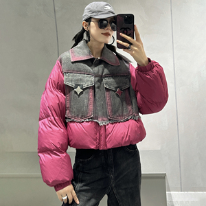 欧货喷色牛仔拼接羽绒服女2023冬季新款宽松加厚短款假两件外套潮