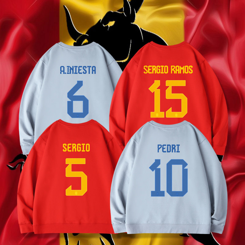 2022卡塔尔世界杯球衣西班牙队莫拉塔 布茨克茨 拉莫斯圆领卫衣男