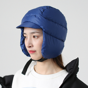护耳羽绒帽女冬保暖白鸭绒飞行帽子短檐大头骑车防风防寒高级轻暖