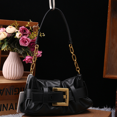 专柜正品2025新款时尚百搭真皮褶皱托特包女单肩包腋下链条女包