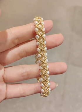 DIY手工串珠施华洛珍珠手链女天然4mm珍珠手链金色米珠轻奢波纹