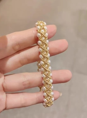 DIY手工串珠施华洛珍珠手链材料包女金色米珠轻奢波纹