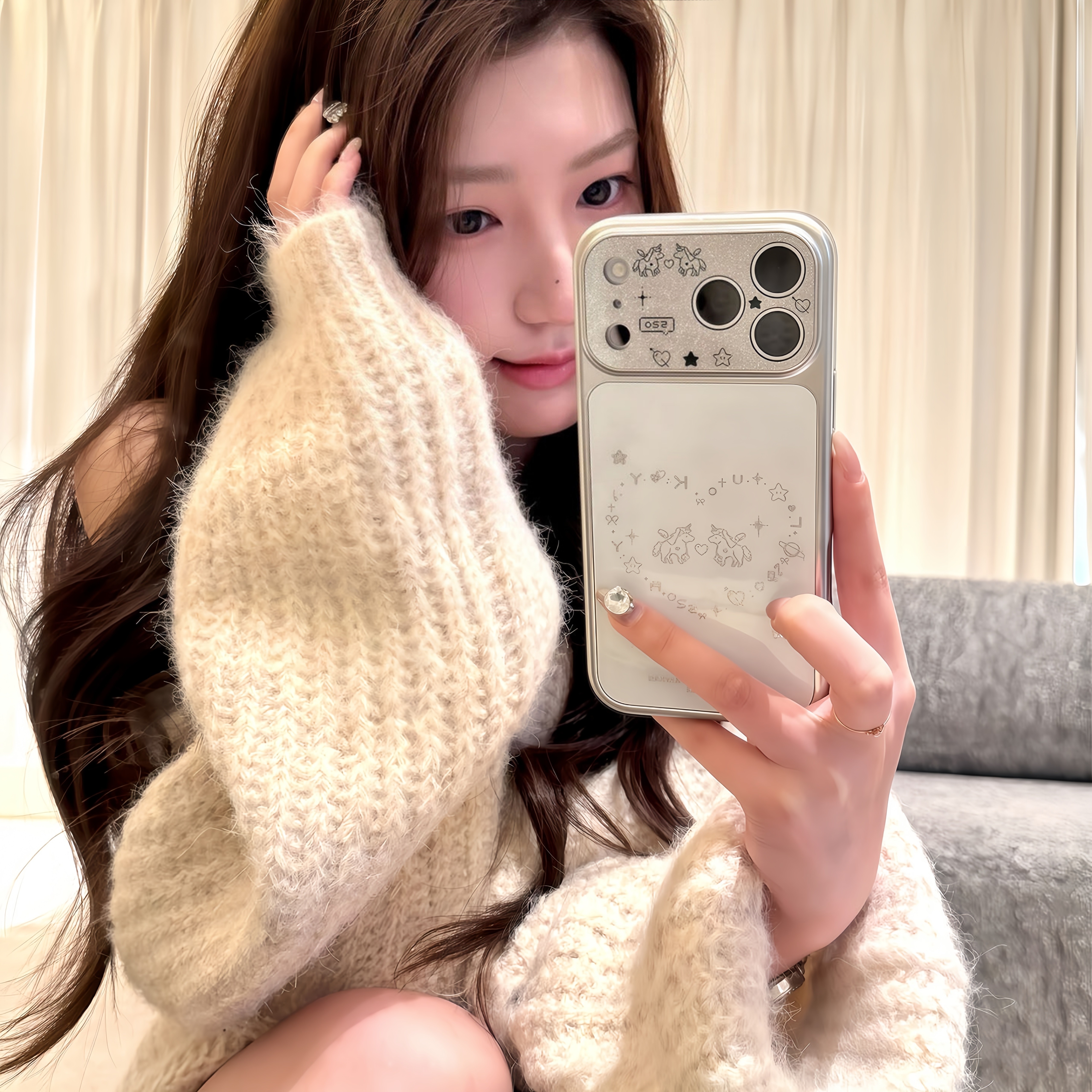 ins可爱闪粉爱心线条涂鸦天使小马适用苹果17Promax可爱卡通16Pro简约保护套15创意小众14全包13防摔手机壳女