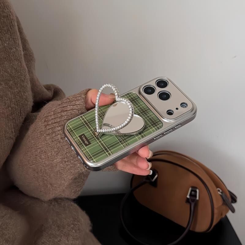 新款绿格纹爱心镜子支架适用苹果17ProMax创意小众16Pro艺术ins风15全包保护套14防摔手机壳女13趣味个性