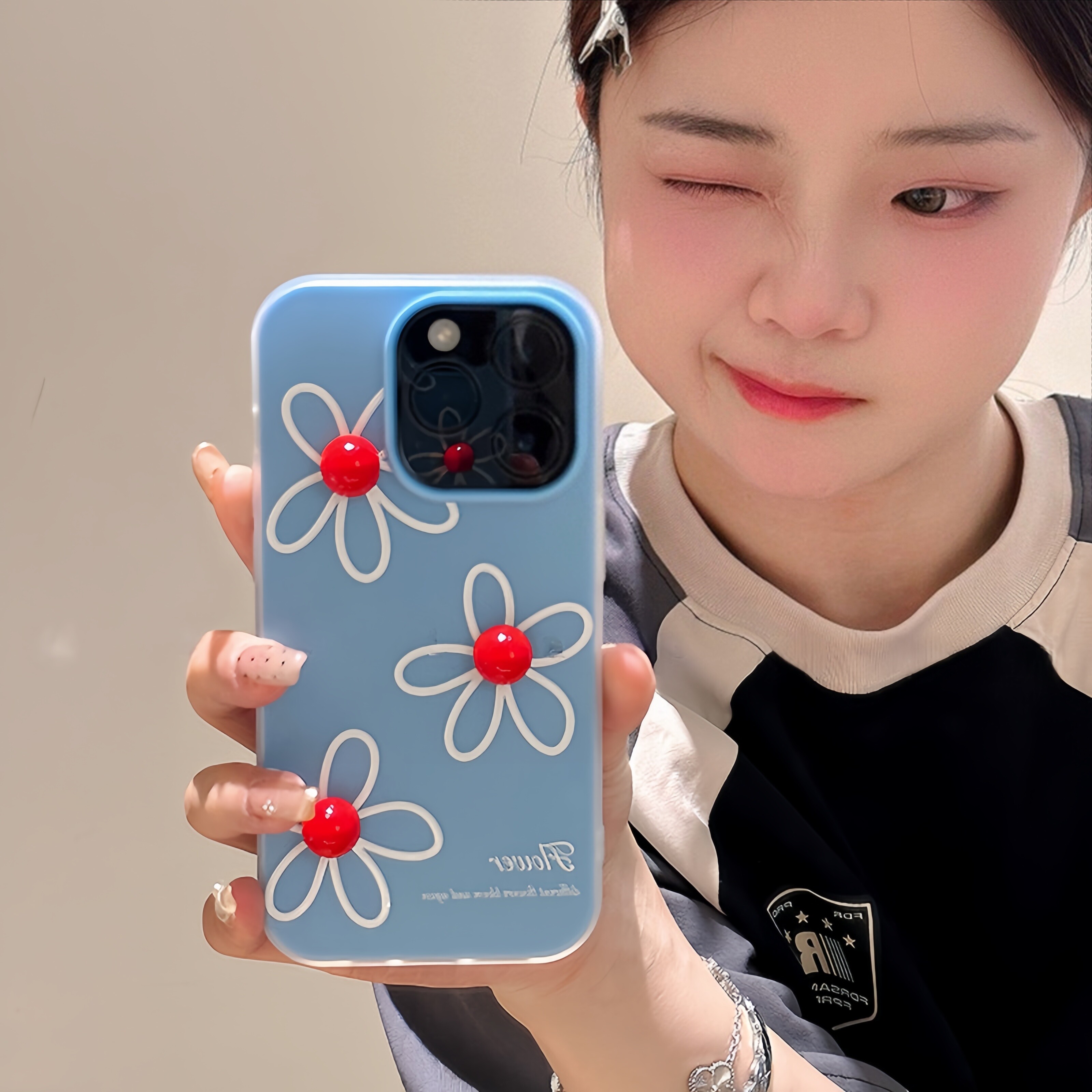 红蓝撞色手绘花朵适用苹果16Promax可爱卡通15创意趣味小清新14全包保护套13防摔手机壳女