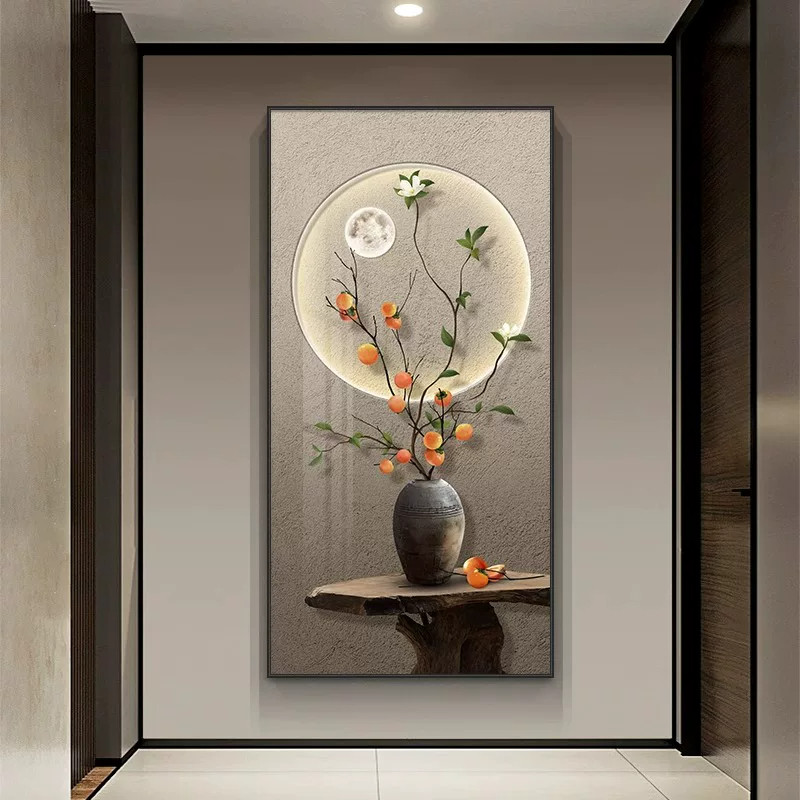 新中式走廊过道玄关装饰画中古风柿柿如意寓意好入户竖版壁画