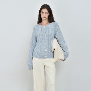 九五氏长通勤花点大绞花圆领开衫女秋冬宽松休闲百搭慵懒毛衣外套