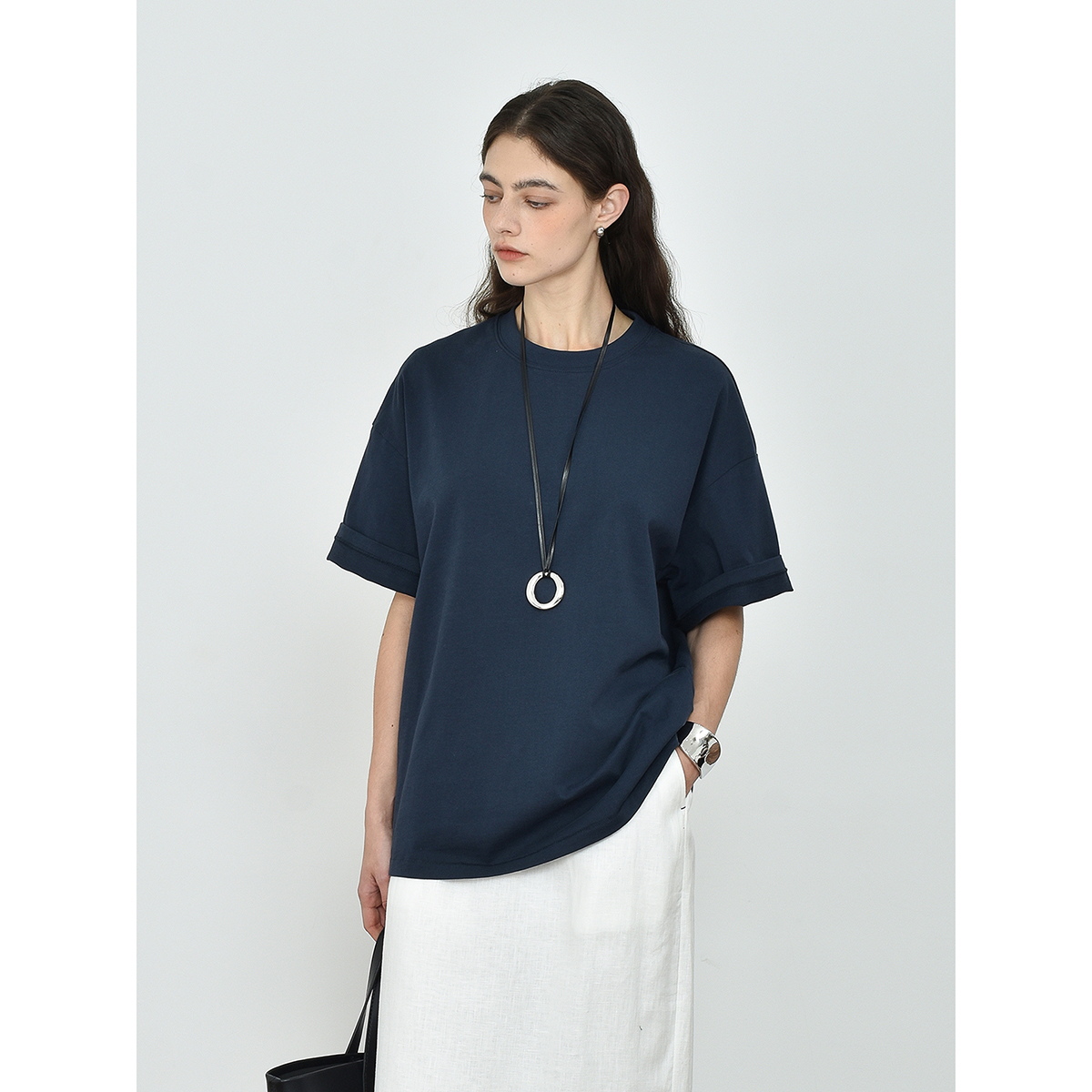 JWSZ Row风 高支强捻棉扪骨线迹后中线廓形短袖宽松T恤