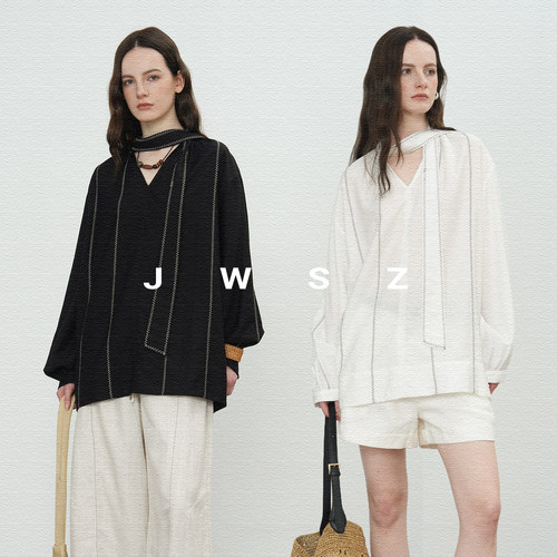 JWSZ“时髦博主风”极简静奢风明线飘带设计V领衬衫