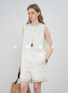 JWSZ 提花刺绣天丝无袖衬衫/短裤套装