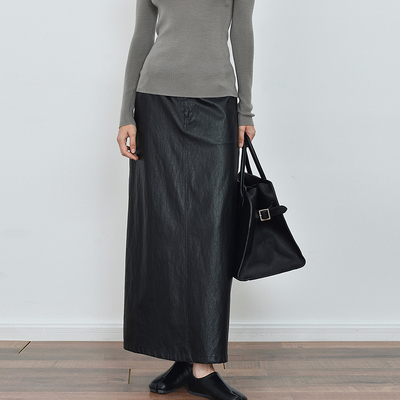 JWSZ 复古皮裙女秋冬高级感肌理感揉纹直筒长款半身裙
