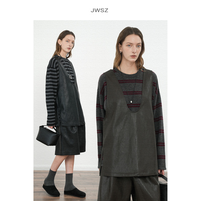 JWSZ 极简松弛叠穿U领环保皮马甲背心上衣