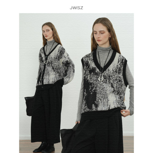JWSZ 高阶通勤 超细羊毛混纺艺术家水墨画提花开衫/马甲