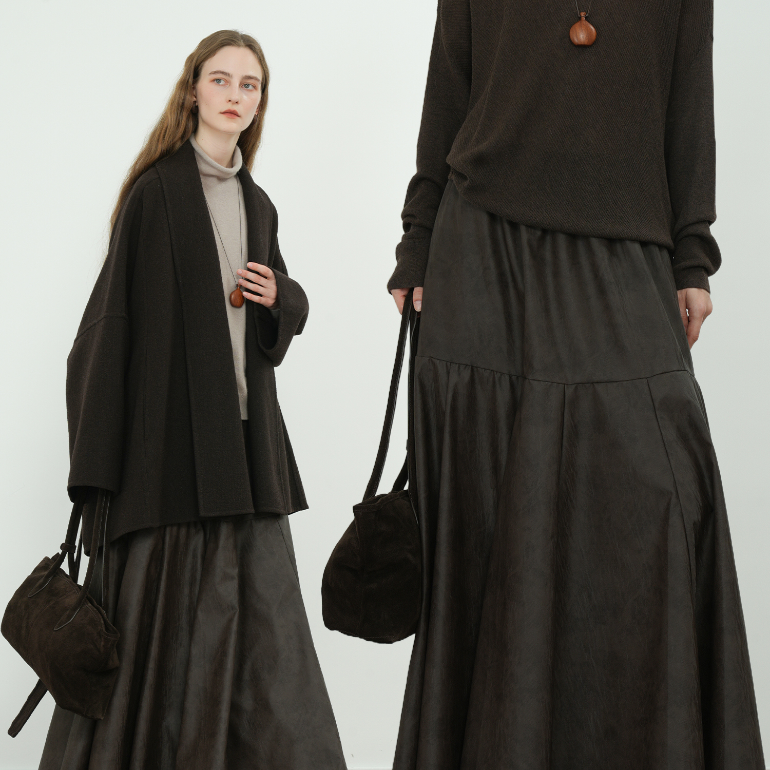 “城市游牧”设计感分割肌理皮革大摆荷叶边中长款A字半身裙