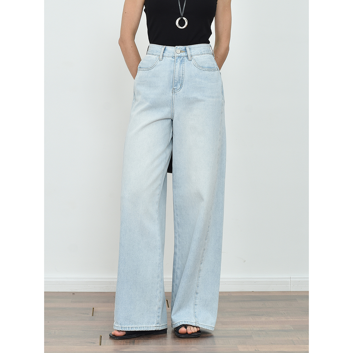 JWSZ 夏日浅蓝 高腰显瘦水洗牛仔阔腿裤