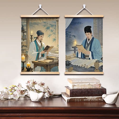 诸葛亮画像茅庐夜读客厅办公室装饰中式励志创意卷轴画挂画高清