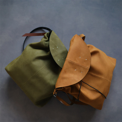 牛巴革小众抽绳翻盖大容量托特包