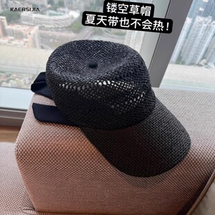 拉菲草镂空编织草帽女蝴蝶结鸭舌帽软顶小众 泽西老钱复古风BC新款
