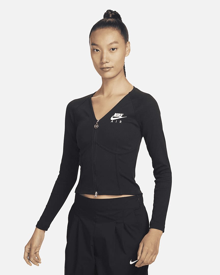 Nike耐克女子运动休闲透气修身收腰V领鱼骨衣针织长袖上衣FD2377