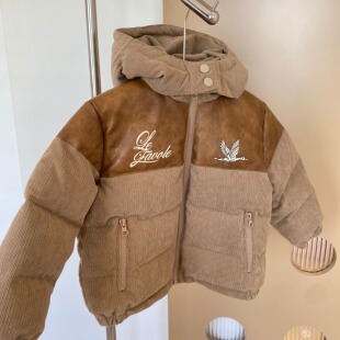 LEFAVOLE2025冬新款皮革拼接儿童羽绒服90白鸭绒灯芯绒连帽外套潮