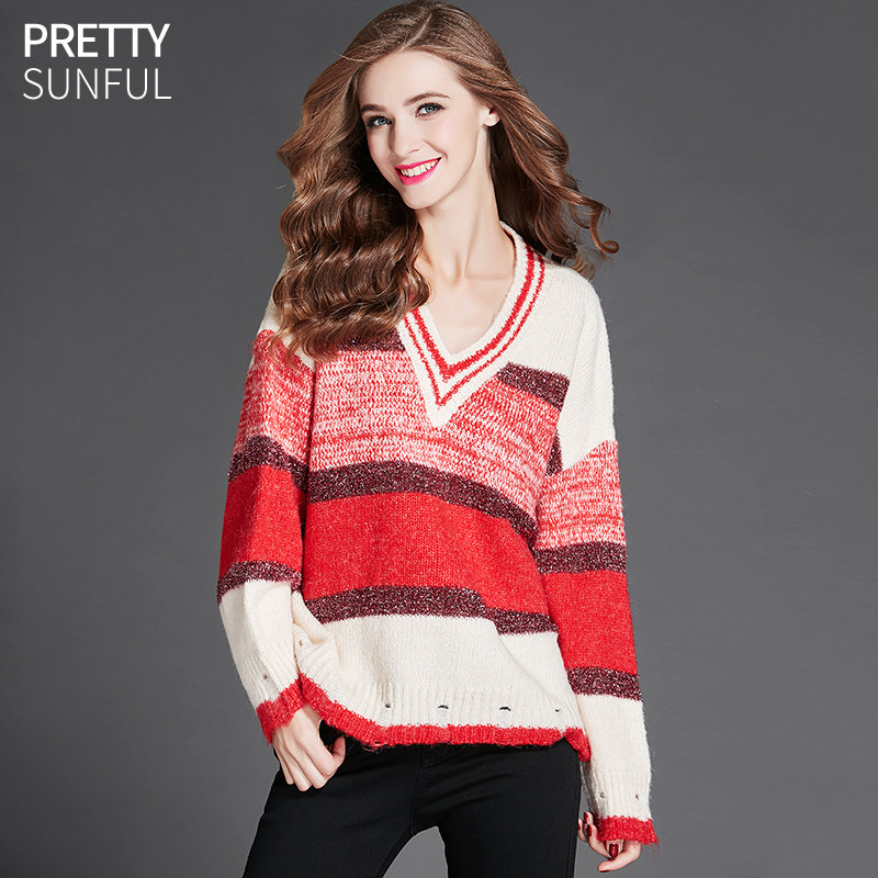 2018秋冬新款V领慵懒风套头ins毛衣女宽松长袖拼接高丝针织衫厚
