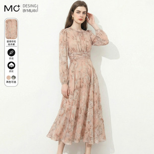 2026春季新款法式温柔风印碎花雪纺花连衣裙长袖收腰显瘦气质长裙