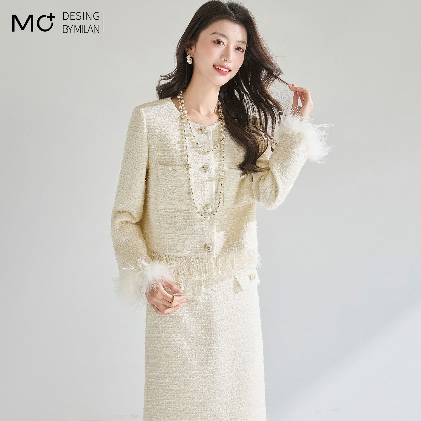 秋季小香风鸵鸟毛粗花呢套装女