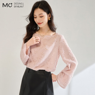 2026春季新款法式复古一字领流苏雪纺衬衫女高级感宽松喇叭袖上衣