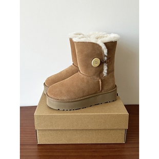 UGG河南桑坡村羊皮毛一体真皮羊毛原木扣厚底雪地靴女中筒冬季大