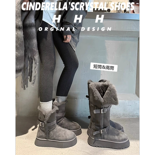 UGG桑坡灰色雪地靴女款厚底内增高9CM加绒加厚长筒雪地棉鞋小码32