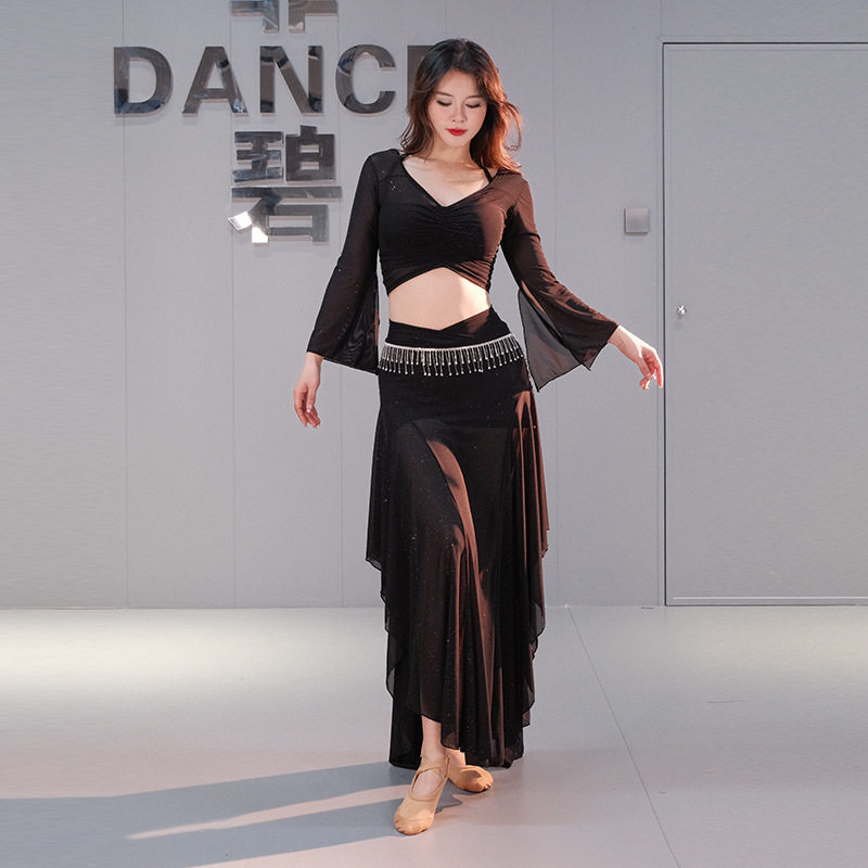 肚皮舞练功服新款套装性感网纱东方舞蹈服服装长裙荷叶飘逸2025