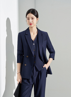深蓝色西装套装女秋季2025新款休闲宽松慵懒风都市通勤小个子