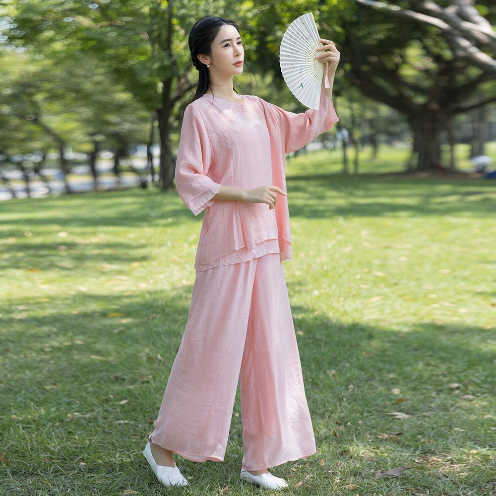 2024民族风新款棉麻禅服套装圆领中袖上衣晨练太极服批发白色粉色